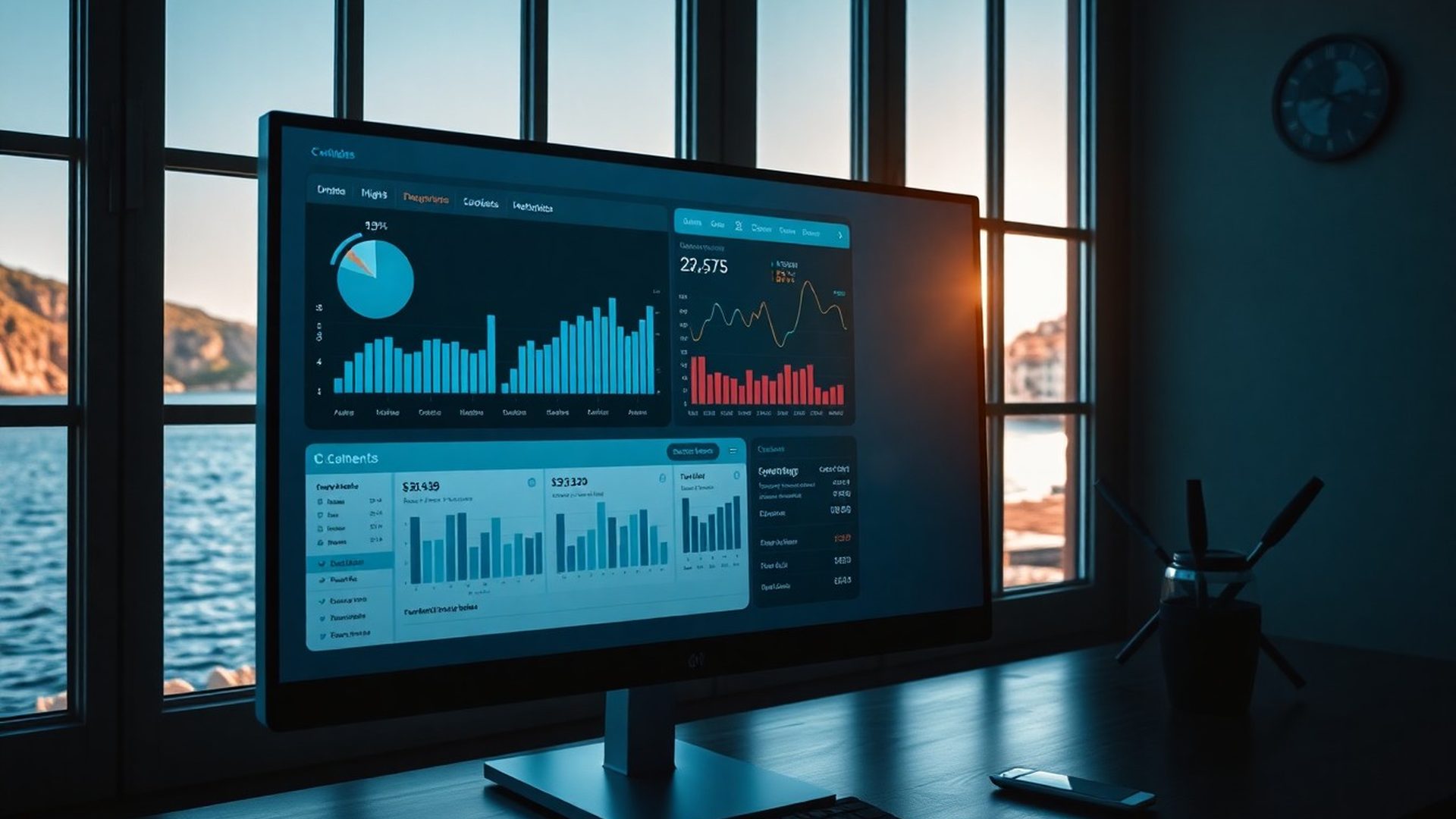 Analitički dashboard s SEO podacima na monitoru s pogledom na Jadran